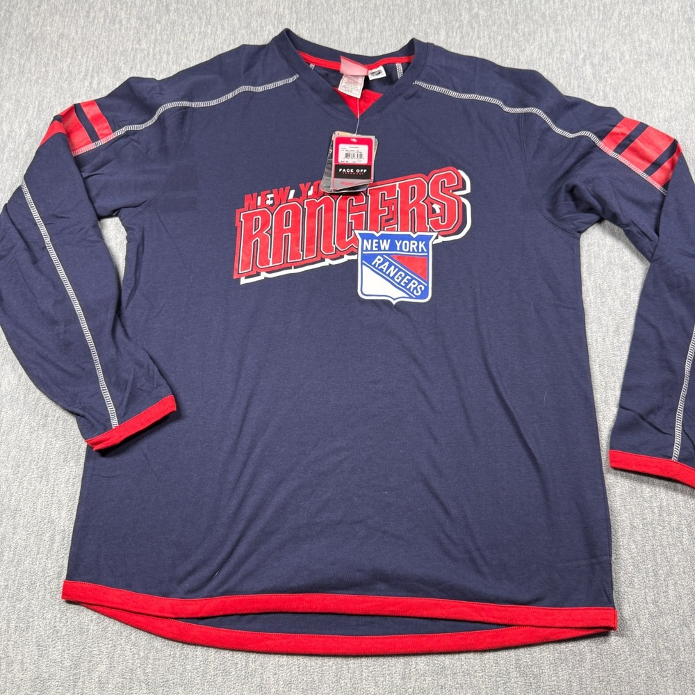 Reebok Mens NHL New York Rangers Jersey Tee Navy Blue Long Sleeve Shirt L NWT